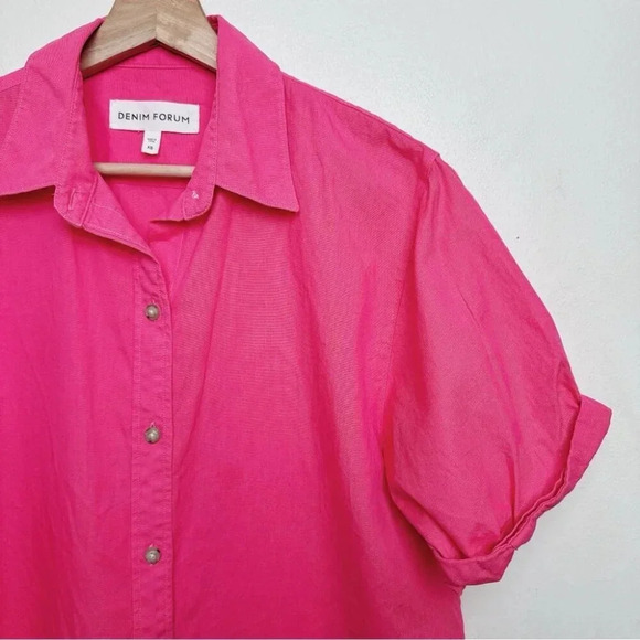Aritzia Denim Forum Womens Size Xsmall Button Hot Pink  Roll Sleeve Jane Shirt - Picture 5 of 15